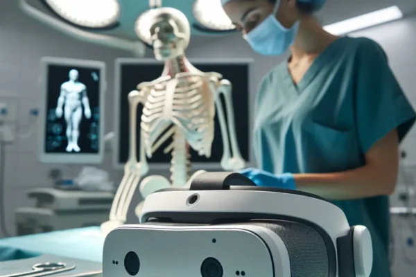 "Cirujano en un hospital español utilizando gafas de realidad aumentada durante una cirugía, mejorando la precisión y la asistencia médica."