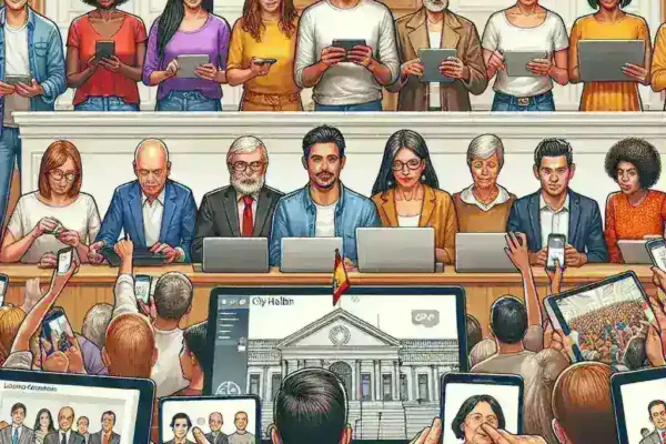 "Imagen de una reunión virtual donde ciudadanos españoles participan en un sistema de participación ciudadana online, reflejando la modernización del proceso democrático en los ayuntamientos de España."