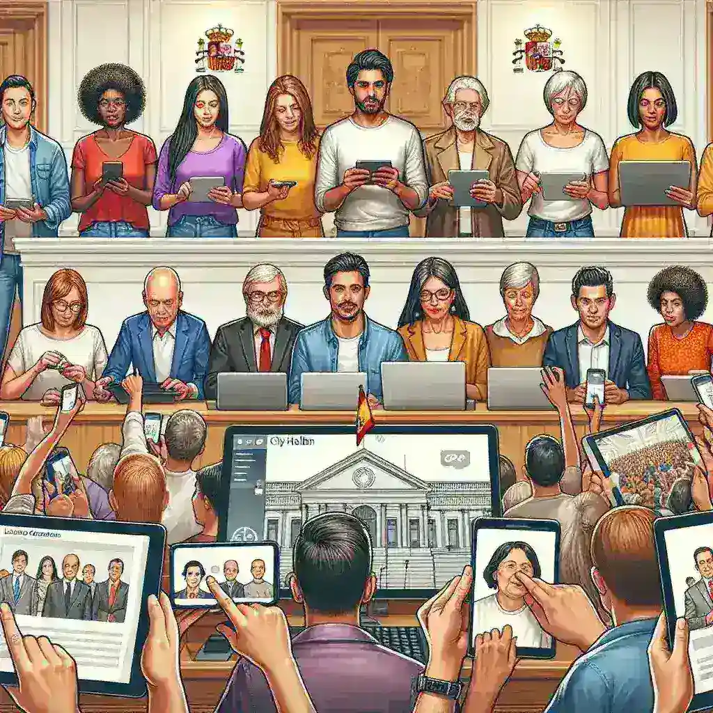 "Imagen de una reunión virtual donde ciudadanos españoles participan en un sistema de participación ciudadana online, reflejando la modernización del proceso democrático en los ayuntamientos de España."
