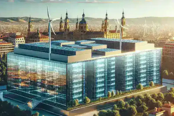 "Centro de datos neutro en carbono de Amazon España en Zaragoza, con paneles solares y tecnología sostenible."