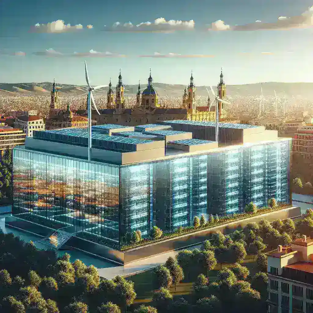 "Centro de datos neutro en carbono de Amazon España en Zaragoza, con paneles solares y tecnología sostenible."