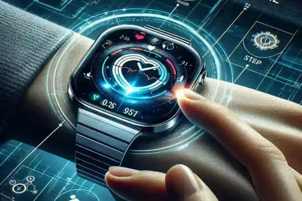 "Reloj inteligente con pantalla táctil, mostrando gráficos de monitoreo de signos vitales y alertas de anomalías, simbolizando tecnología de salud avanzada en el artículo 'Relojes inteligentes: Monitoreo de signos vitales y alertas sobre anomalías'."