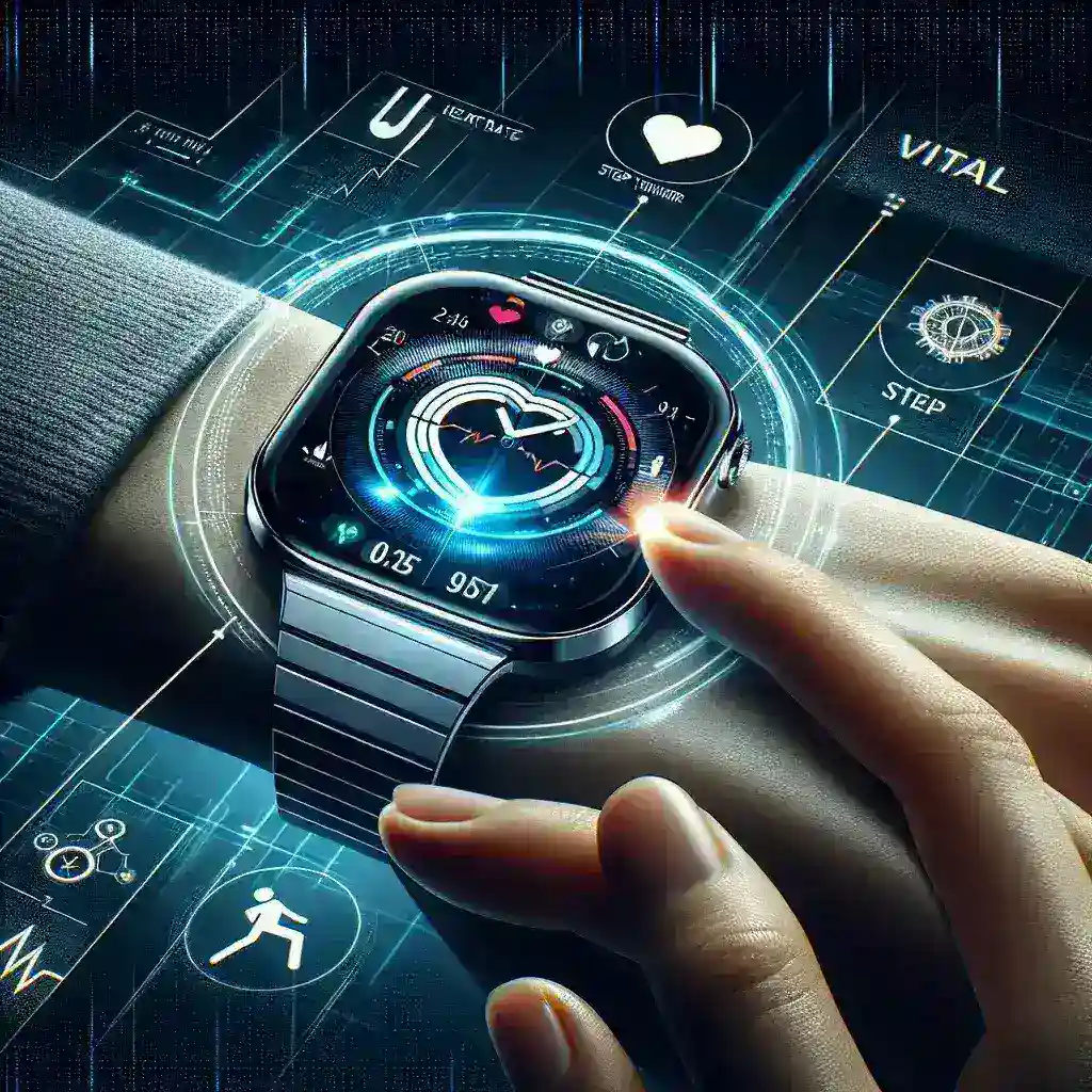 "Reloj inteligente con pantalla táctil, mostrando gráficos de monitoreo de signos vitales y alertas de anomalías, simbolizando tecnología de salud avanzada en el artículo 'Relojes inteligentes: Monitoreo de signos vitales y alertas sobre anomalías'."