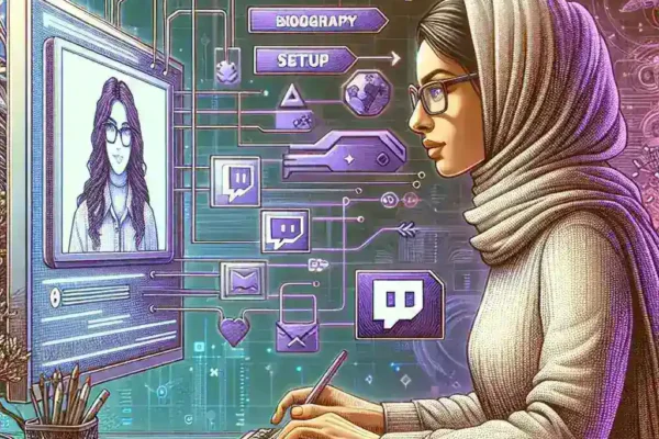Alt text: "Ejemplo de biografía creativa para un canal de Twitch, mostrando diseño atractivo y formato fácil de leer, ilustrando cómo personalizar tu perfil de Twitch."